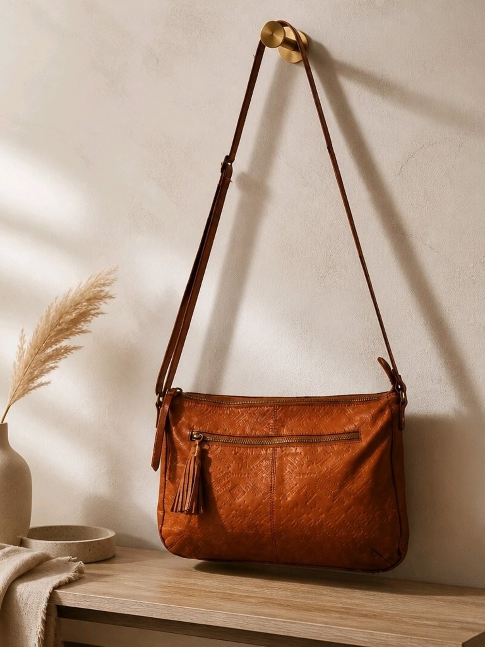 Day & Mood Embossed Leather Crossbody Bag in Cognac